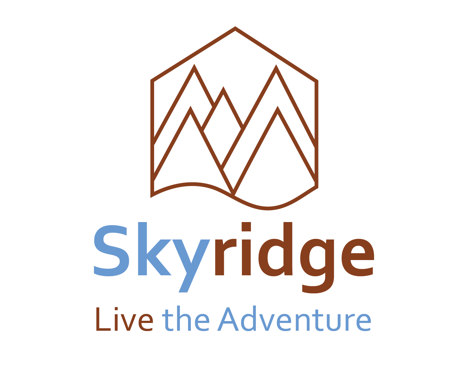 Skyridge Live the Adventure are the words this logo contains.
				Skyridge is the name, while Live the Adventure is the tagline. A sky 
				blue color is used on the letters Sky, the, and Adventure, while a reddish
				brown color is used on ridge, Live, and the icon above the rest of the logo.
				The icon contains five mountain outlines that are enclosed in an outline mostly
				shaped like a house. This house outline contains a curved line at the bottom
				of it. The words in this logo are written using a sans serif typeface.